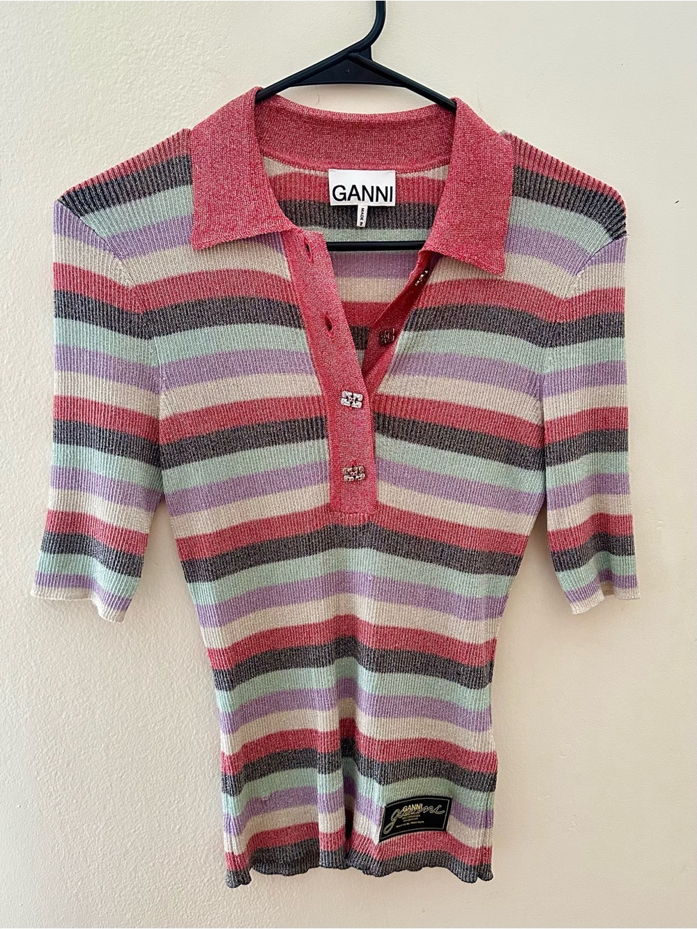 Ganni Sparkly Rib-Knit Polo Shirt Size S